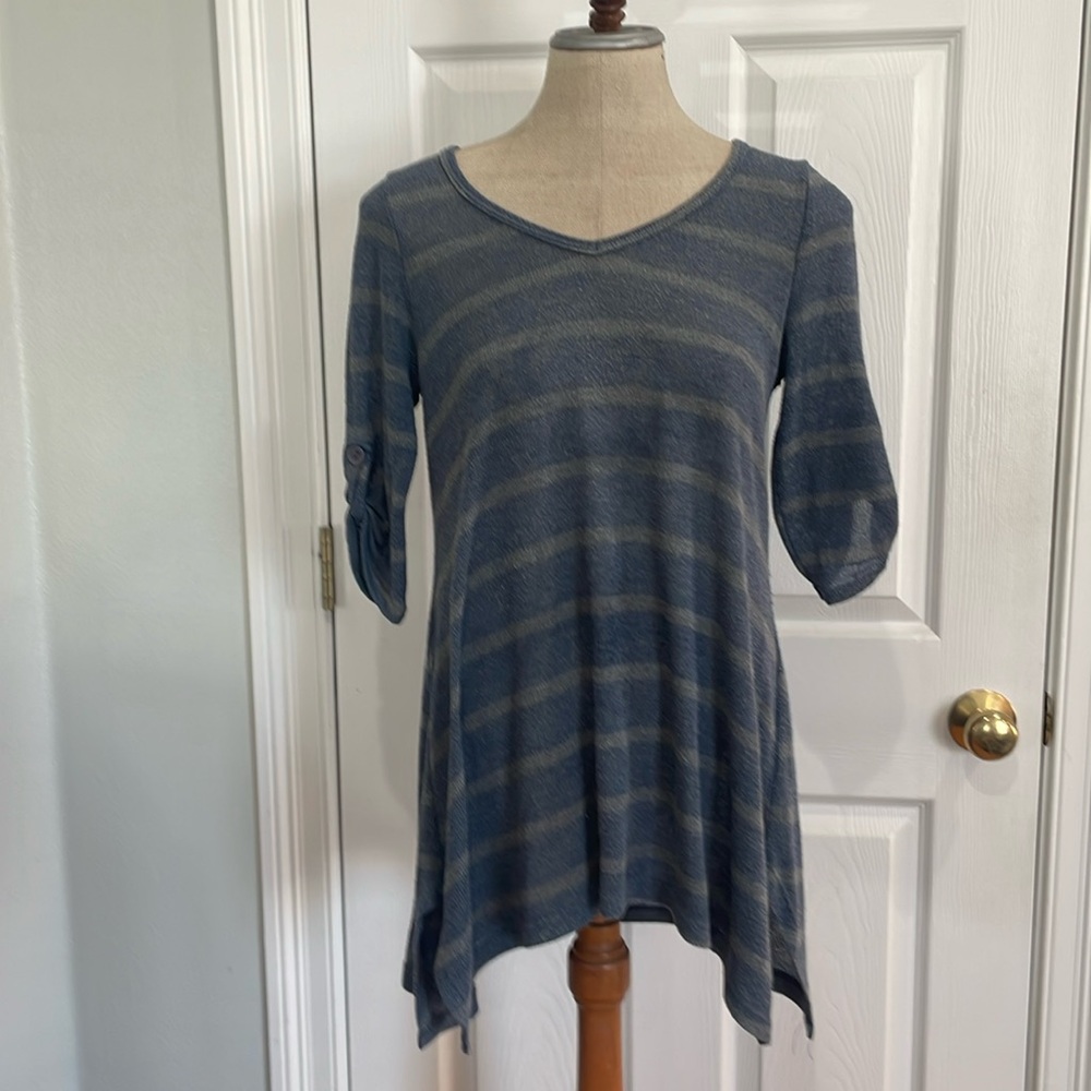 Edge knit tunic top striped V-neck striped asymmetrical dress 3/4 cuff sleeve M
